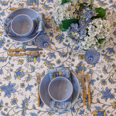 Florence Tablecloth - Blue/Ochre on White - Wholesale